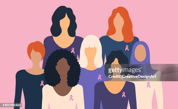 brustkrebs-sensibilisierungs- und unterstützungskonzept. verschiedene nationalitäten von frauen mit rosa bändern stehen zusammen. - frauenpower stock-grafiken, -clipart, -cartoons und -symbole