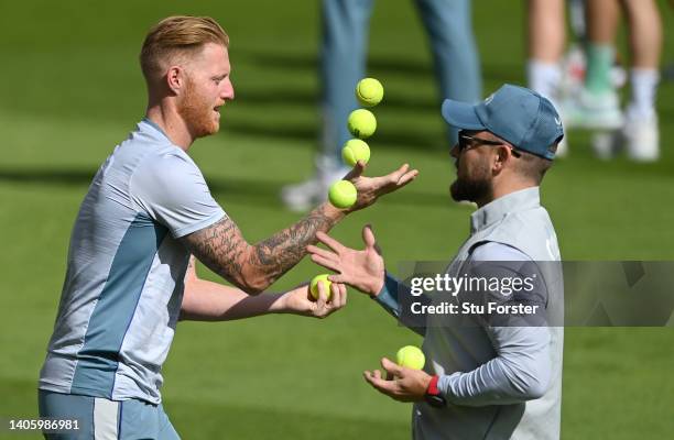 England coach Brendon McCullum and captain Ben Stokes juggle some Tennis balls during nets ahead of the test match between England and India at...