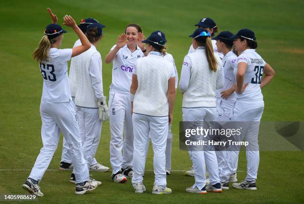 Kate Cross of England celebrates the wicket of Sune Luus of South Africa during Day Four of the First Test Match between England Women and South...