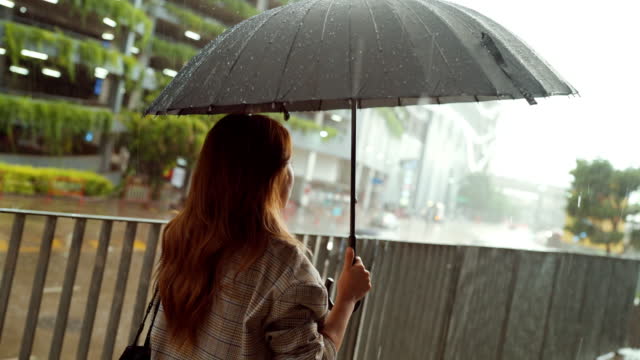 Lonely felling sad business woman standing with umbrella in heavy rain
