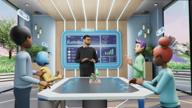 Online Business Meeting in Virtual Reality Office. Project Manager Talking to a Group of Animated Internet Avatars of Colleagues Sitting at a Table. Futuristic 3D Universe Concept, Working from Home.