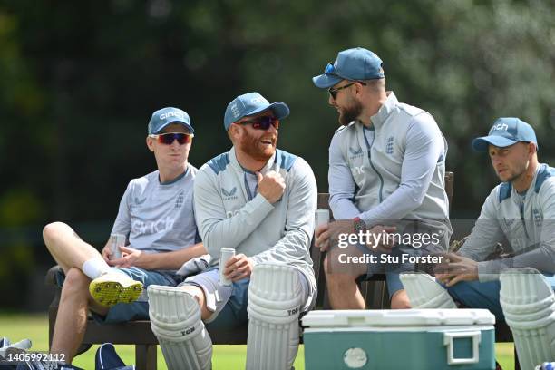 England coach Brendon McCullum shares a joke with the Yorkshire players left to right Harry Brook, Jonathan Bairstow and Joe Root during nets ahead...