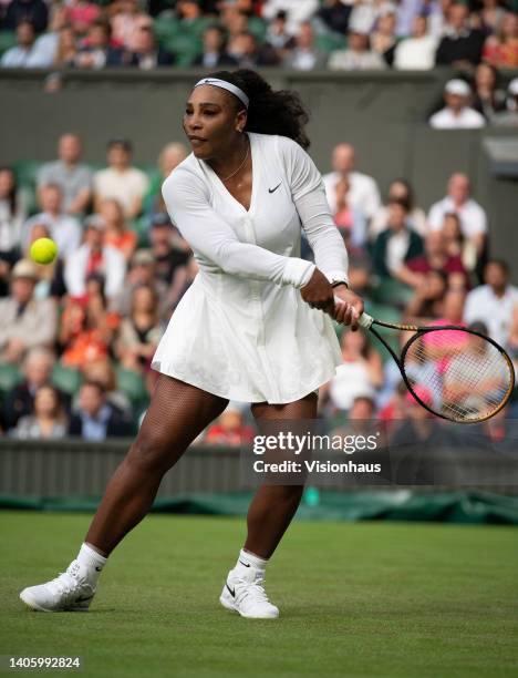 Serena Williams of The United States during her match against Harmony Tan of France during their Women's Singles First Round Match on day two of The...