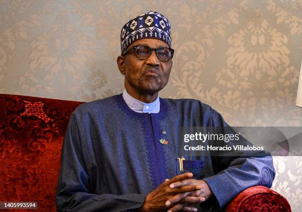 Nigeria's President Muhammadu Buhari meets with Portuguese President Marcelo Rebelo de Sousa in Belem Presidential Palace at the beginning of his...