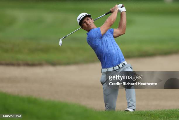 Thorbjorn Olesen of Denmark plays his second shot on the eighth hole during the first round of the Horizon Irish Open at Mount Juliet Estate on June...
