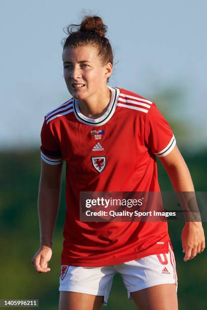 Angharad James of Wales looks on during the Women's International Friendly match between New Zealand and Wales at Pinatar Arena on June 28, 2022 in...