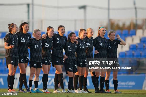 The New Zealand team observe the penalty round during the Women's International Friendly match between New Zealand and Wales at Pinatar Arena on June...