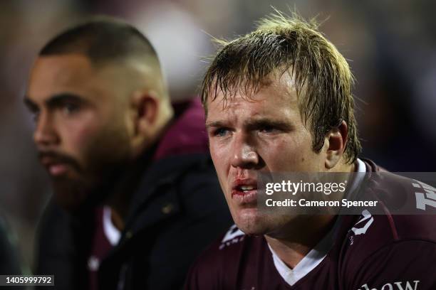 Jake Trbojevic of the Sea Eagles watches from the bench during the round 16 NRL match between the Manly Sea Eagles and the Melbourne Storm at 4 Pines...