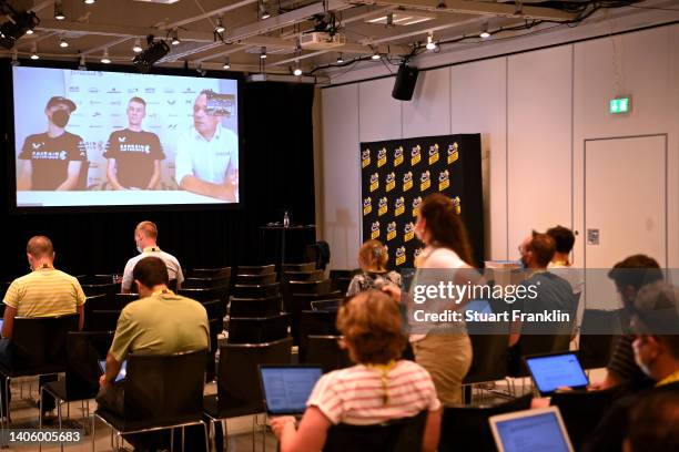 Matej Mohoric of Slovenia, Jack Haig of Australia and Team Bahrain Victorious and Vladimir_Miholjević Team Performance Director attends to the media...