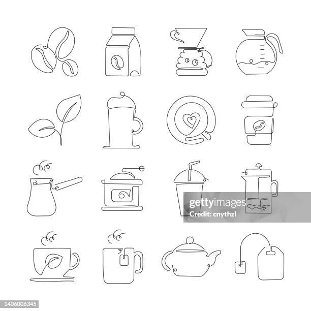 ilustrações, clipart, desenhos animados e ícones de ícones de linha única relacionados com café e chá. coleção de símbolos de contorno - baked beans