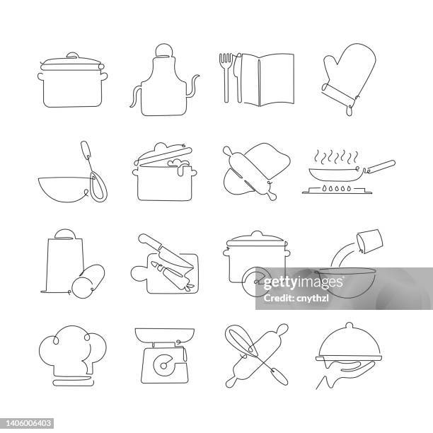 cooking related single line icons. outline symbol collection - making breakfast stock illustrations