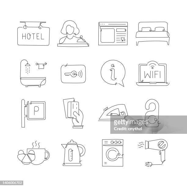 hotel services related single line icons. outline symbol collection - hotel concierge stock illustrations