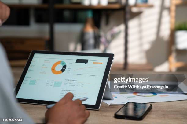 finance dashboard with financial charts and data graphs, - analytics imagens e fotografias de stock