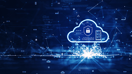 cloud and edge computing technology concept. There is a prominent large cloud icon on the right. There are interconnected polygons and small icons on a dark blue background.