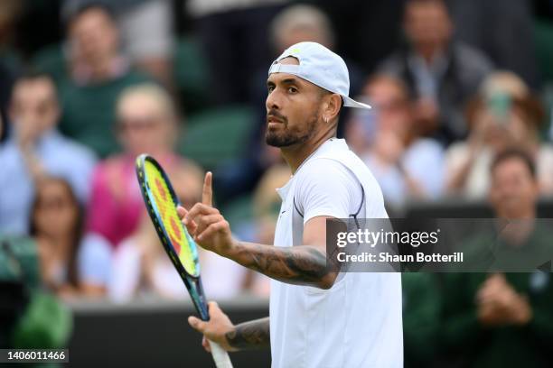 Nick Kyrgios of Australia celebrates winning match point against Filip Krajinovic of Serbia during their Men's Singles Second Round match on day four...