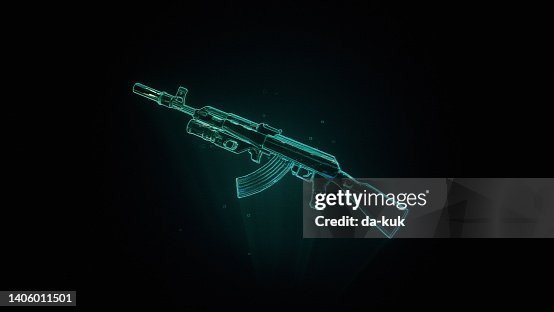 AK-47 rifle with 40mm GP-25 grenade launcher hologram on black background AK-47 rifle with 40mm GP-25 grenade launcher hologram on black background