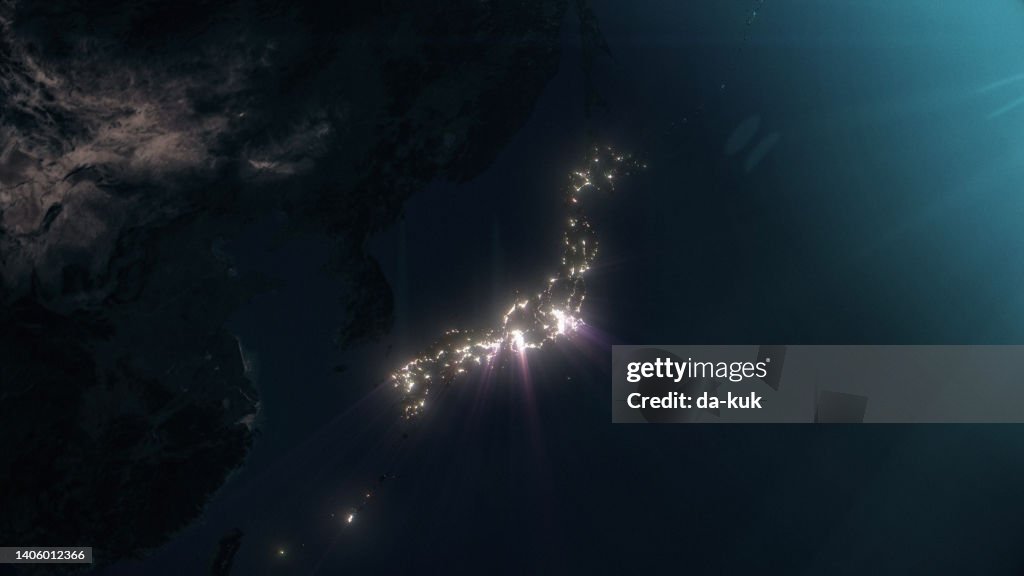 宇宙から見た日本の輝く街の光