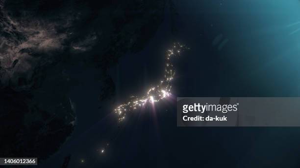 宇宙から見た日本の輝く街の光 - 日本地図 ストックフォトと画像