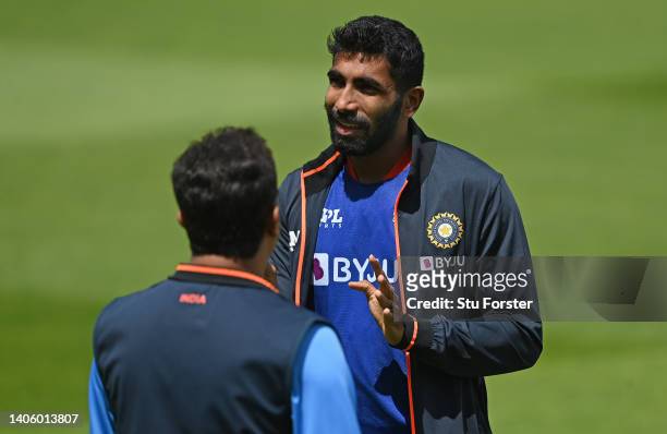 India captain Jasprit Bumrah speaks to a member of staff during nets ahead of the test match between England and India at Edgbaston on June 30, 2022...