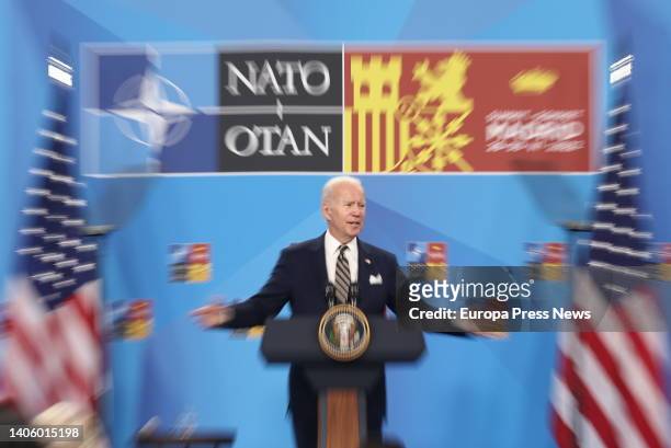 President Joe Biden addresses a press conference on the second and final day of the NATO 2022 Summit at the IFEMA Trade Fair Center MADRID, June 30...