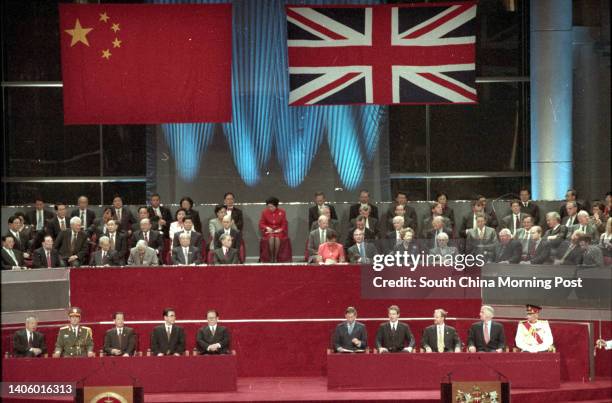 Dignitaries including Jiang Zemin, Li Peng, Tung Chee-Hwa, Prince Charles, Tony Blair, Robin Cook and Chris Patten, at the Hong Kong handover...