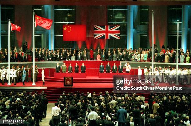 British Union Flag lowered at the handover ceremony of Hong Kong, 1st July 1997, at the Hong Kong Convention and Exhibition Centre, to mark Hong...