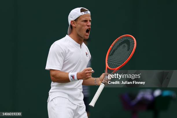 Diego Schwartzman of Argentina celebrates a point against Liam Broady of Great Britain during their Men's Singles Second Round match on day four of...