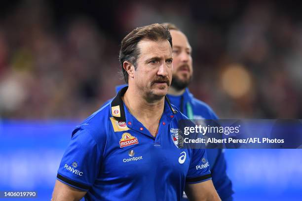 Western Bulldogs coach Luke Beveridge looks on during the round 16 AFL match between the Brisbane Lions and the Western Bulldogs at The Gabba on June...