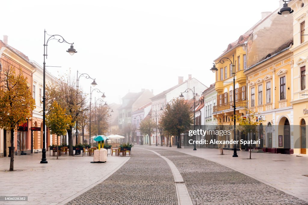 Main pedestrian street in Sibiu old town, Transylvania, Romania
