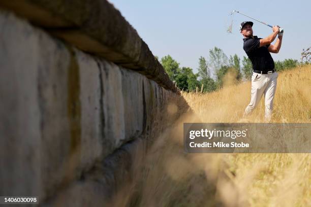 De Villiers hits a shot on the 7th hole during day one of the ICON Series at Liberty National Golf Club on June 30, 2022 in Jersey City, New Jersey.