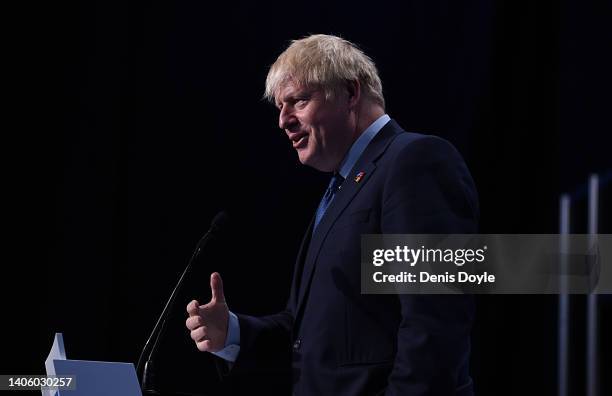 British Prime Minister Boris Johnson holds a press conference at the NATO Summit on June 30, 2022 in Madrid, Spain. During the summit in Madrid, on...