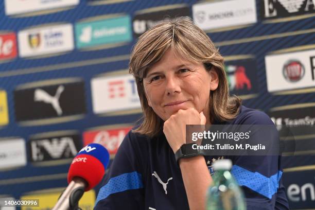 Head coach Milena Bertolini of Italy Women answers questions during a press conference at Teofilo Patini Stadium on June 30, 2022 in Castel di...