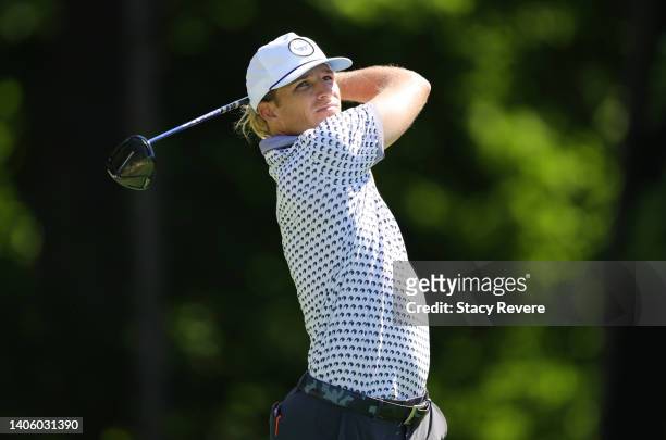 Morgan Hoffmann of the United States plays his shot from the second tee during the first round of the John Deere Classic at TPC Deere Run on June 30,...