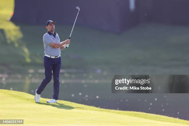 John Smoltz hits a shot on the 1st hole during day one of the ICON Series at Liberty National Golf Club on June 30, 2022 in Jersey City, New Jersey.
