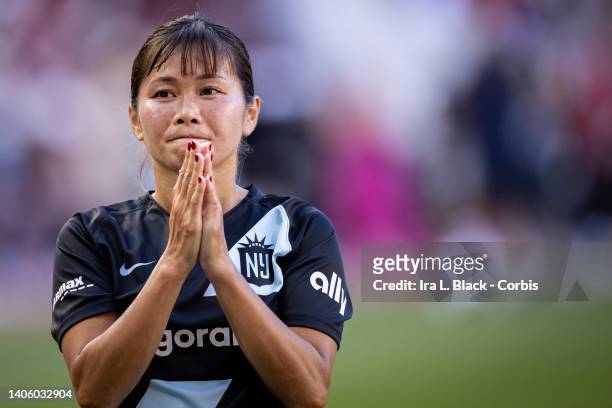Nahomi Kawasumi of NJ/NY Gotham FC aknowledges the fans after the Juneteenth National Women's Soccer League match against San Diego Wave FC at Red...