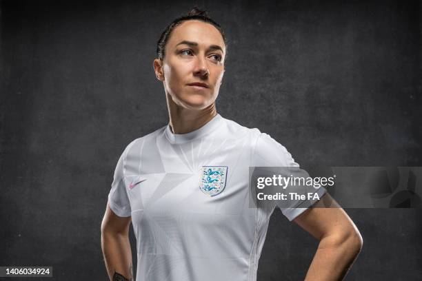 Lucy Bronze of England poses during the England Women Kit Shoot at St George's Park on February 15, 2022 in Burton upon Trent, England.