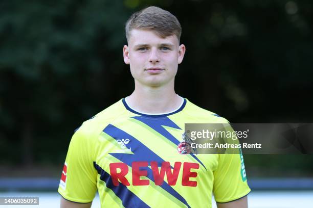 Goalkeeper Jonas Urbig of 1. FC Köln poses during the team presentation at on June 30, 2022 in Cologne, Germany.