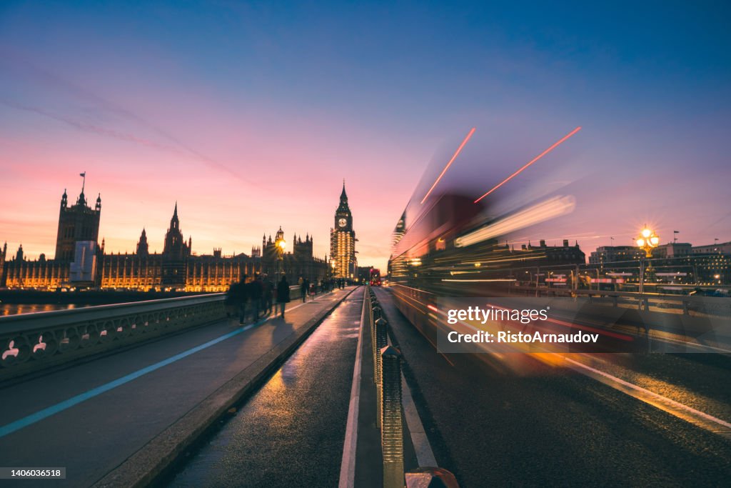 Big Ben and Westminster Bridge at sunset, City of London England UK