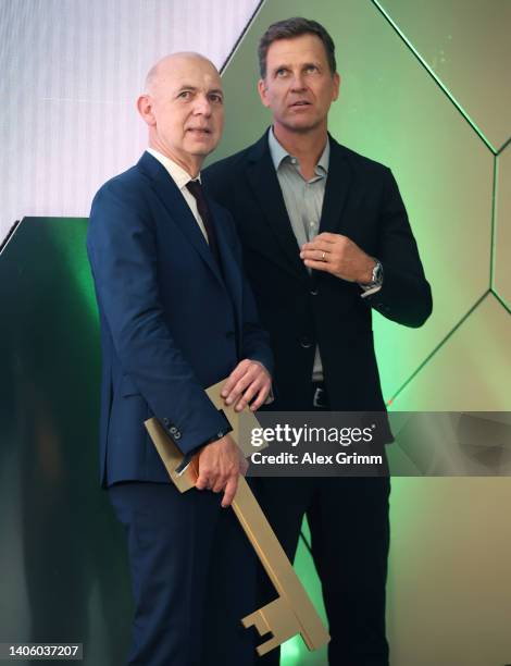 President Bernd Neuendorf and Oliver Bierhoff, DFB Director of National Teams and Academy stand together wit a symbolic key during the opening of the...