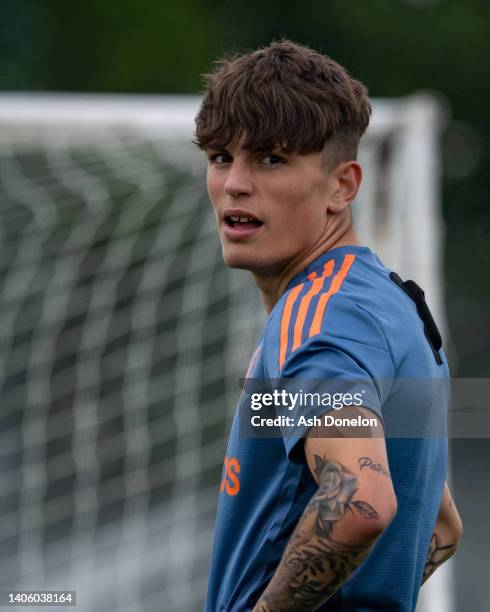 Alejandro Garnacho of Manchester United in action during a first team training session at Carrington Training Ground on June 30, 2022 in Manchester,...