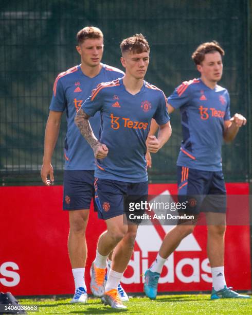 Ethan Galbraith of Manchester United in action during a first team training session at Carrington Training Ground on June 30, 2022 in Manchester,...