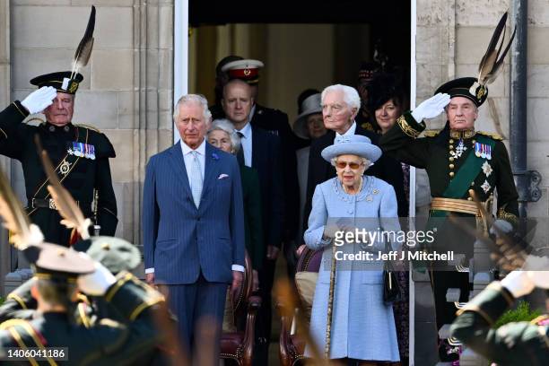 Queen Elizabeth II attends the Royal Company of Archers Reddendo Parade in the gardens of the Palace of Holyroodhouse on June 30, 2022 in Edinburgh,...