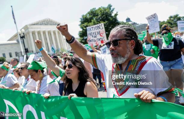 Abortion rights activists protest outside the U.S. Supreme Court on the last day of their term on June 30, 2022 in Washington, DC. The Supreme...