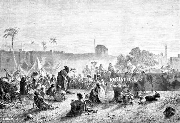 a fairy teller in cairo and his audience who listens intently - storyteller stock illustrations
