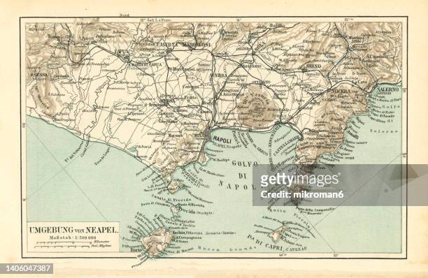 old chromolithograph map of naples and surroundings, third largest city in italy after rome and milan - ancient rome city stock pictures, royalty-free photos & images
