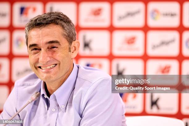 New Athletic Club head coach Ernesto Valverde faces the media during his presentation at San Mames stadium on June 30, 2022 in Bilbao, Spain.