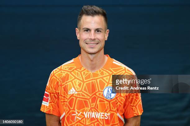 Goalkeeper Michael Langer of FC Schalke 04 poses during the team presentation on June 30, 2022 in Gelsenkirchen, Germany.