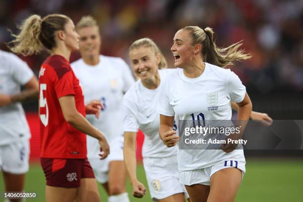 Georgia Stanway of England celebrates scoring their side's second goal from a penalty during the Women's International friendly match between...