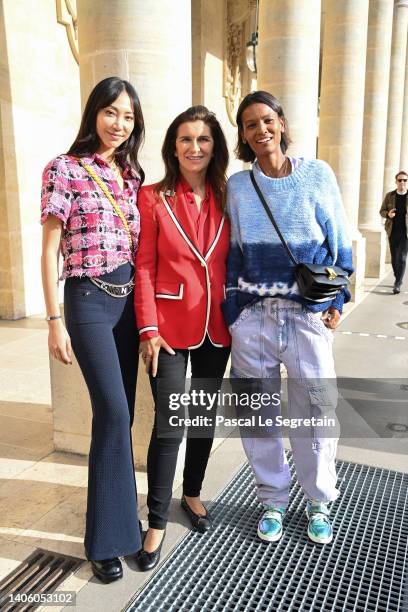 Soo Joo Park, Delphine Viguier Hovasse and Liya Kebede attend the 33rd ANDAM Prize Winner cocktail at les Jardins du Palais Royal on June 30, 2022 in...