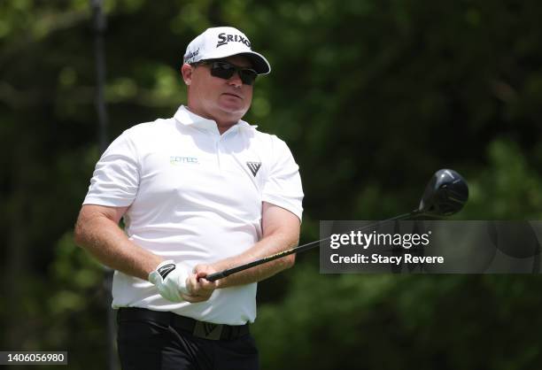 Ted Potter Jr. Of the United States plays his shot from the second tee during the first round of the John Deere Classic at TPC Deere Run on June 30,...